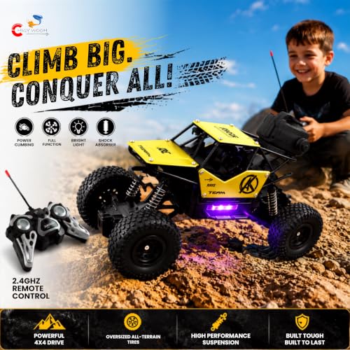 Image of Remote Control 4x4 Rock Crawler Car for Kids | 2.4GHz Remote Control Rechargeable Off Road RC Monster Truck with Mist Spray, LED Lights, All Terrain Tires | Gift for Boys & Girls