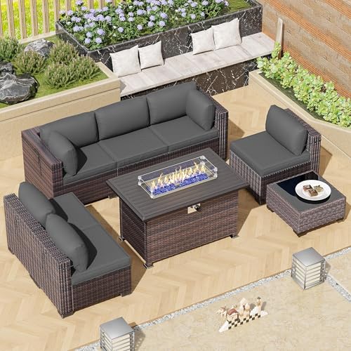 Image of 8 Pieces Outdoor Patio Furniture Set,Outdoor Sectional Furniture with 43 inch 55000 BTU Gas Propane Fire Pit Table,All Weather PE Rattan Wicker Patio Conversation Set,Grey