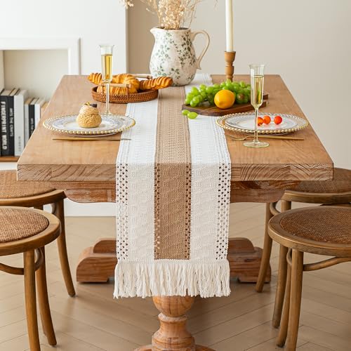 Image of FEXIA Boho Table Runner for Summer Home Coffee Decor with Tassels 72 Inches Long Farmhouse Rustic Table Runner Macrame Burlap Table Decoration for Kitchen Living Room Bridal Shower(12x72 Inches)