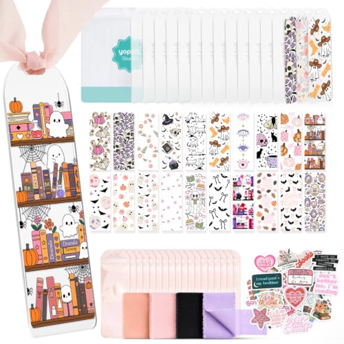 YOPPIX 6x2β Acrylic Bookmark Blanks- 20 Pieces Bookmark Making Kit with 20 UV DTF Stickers About Halloween Theme and 20 Ribbon for DIY Your Crafts Gifts Booklovers Gifts