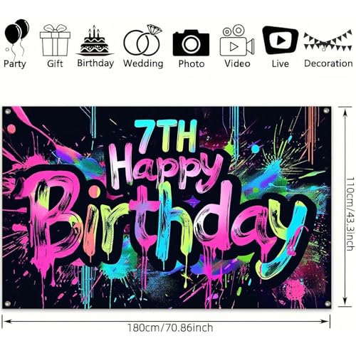 Image of HOMETITUTE Neon 7th Happy Birthday Banner 71x43 Inch Paint Splatter Glow in The Dark Party Backdrop Colorful Wall Decor for Kids Boys Girls Seventh Birthday Celebrations Photo Booth Props Event