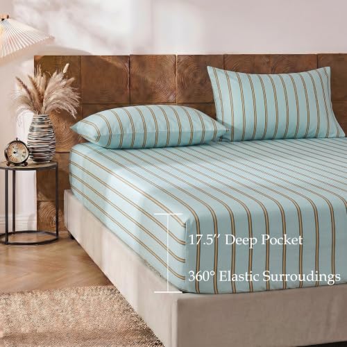 Image of Merryword Green and Orange Striped Sheet Set Queen Size - 100% Cotton Striped Bedding 4 Pieces, Soft Breathable Percale Weave, 17.5 inch Deep Pocket, Luxury Linen Like, All Season Comfort