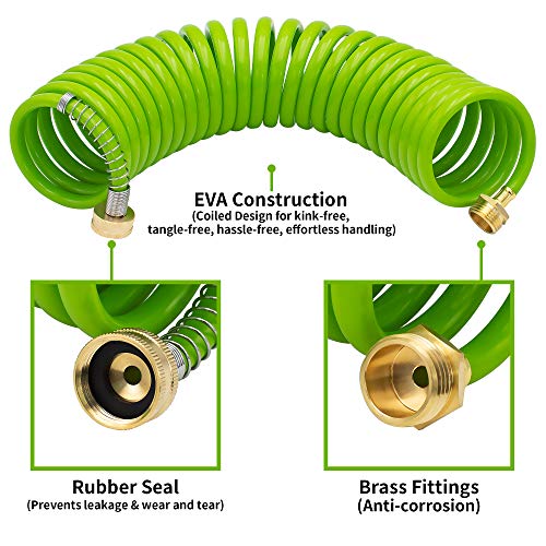 Image of AUTOMAN EVA Recoil Garden Hose 25ft - Includes 7 Pattern Spray Nozzle,Curly Water Hose 25 Foot,Watering Hose Coil,Retractable,Corrosion Resistant Garden Coil Hose.Green
