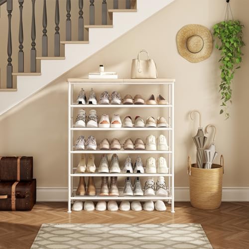 Image of SUOERNUO Shoe Rack Organizer 6 Tier for Closet Entryway Free Standing Metal Storage Shoe Shelf with MDF Top Board,White+Oak