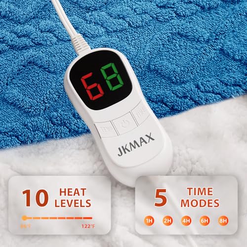 JKMAX Heated Electric Blanket Twin Size-62"x84" Heating Blanket with 10 Heating Levels & 5 Time Settings Over-Heat Protection,Winter Warmer for Adults with ETL Certification(Blue)