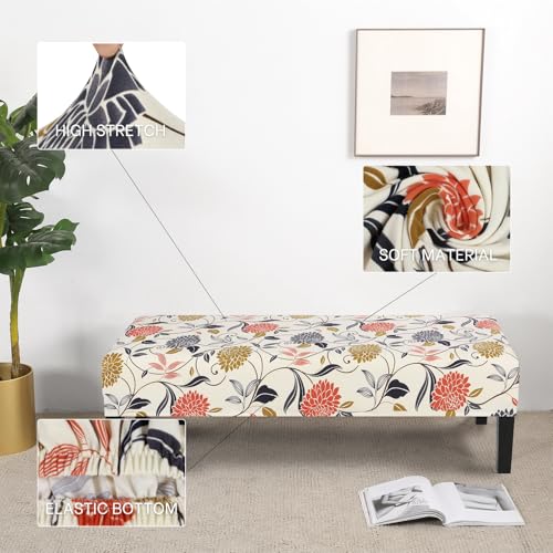 Image of SearchI Dining Bench Cover, Stretch Washable Long Bench Seat Covers, Rectangle Dining Table Bench Slipover for Dining Room, Living Room, Kitchen(Orange Flower)
