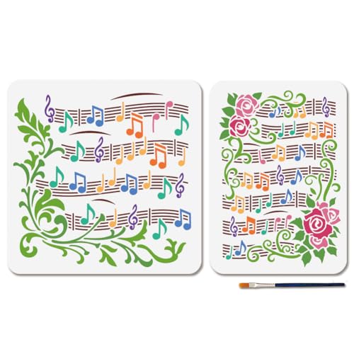 MAYJOYDIY 2 Stück Notenblatt Schablone Rosen Musik Malschablone 30×30/29.7×21cm Vintage Musiknoten Zeichenvorlage Mit Pinsel Für Heimwerkerarbeiten Auf Holzwänden Und Heimdekoration