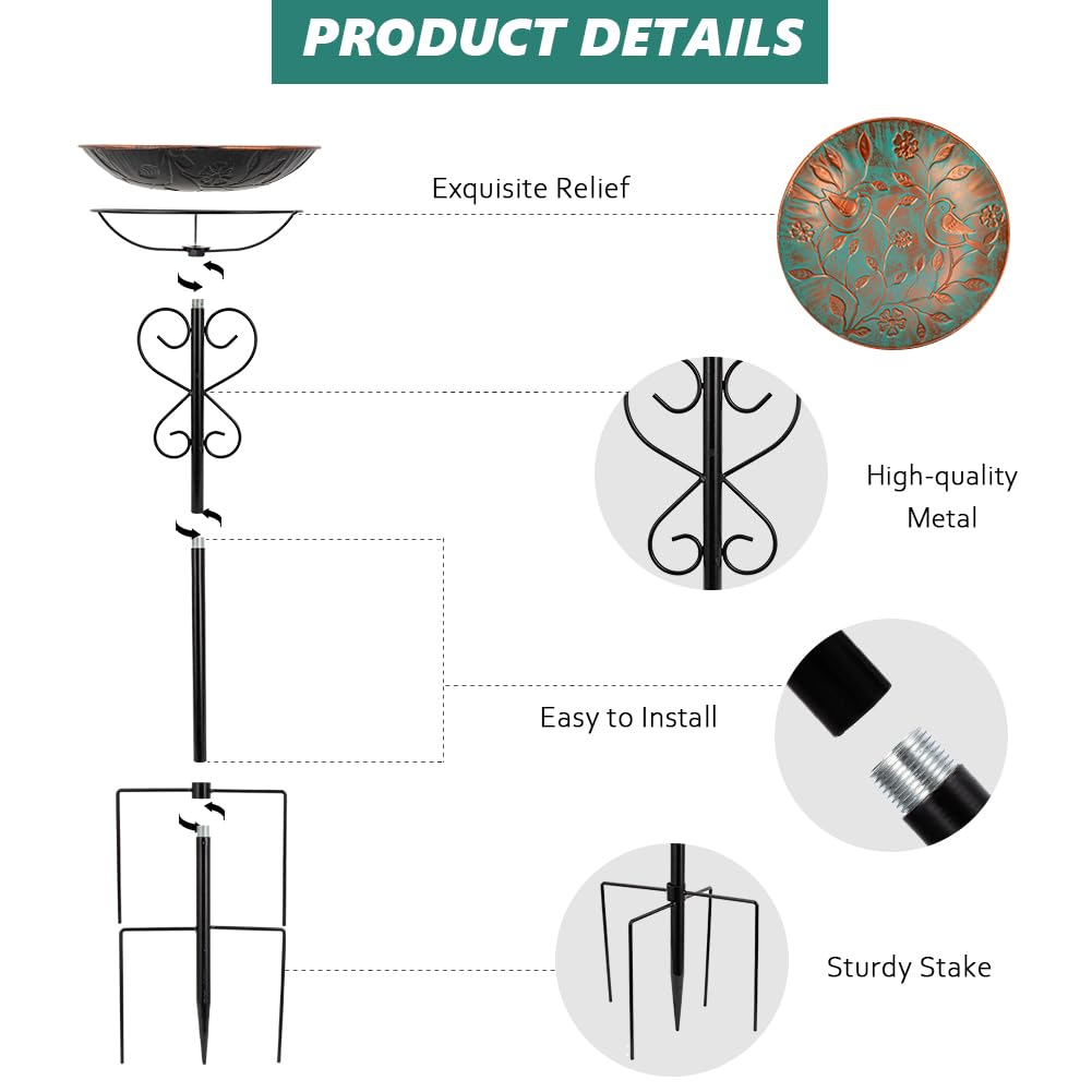 Baño de metal para pájaros al aire libre, baño de pie para pájaros y comedero para pájaros con estaca de hierro fundido para exteriores, jardín, patio, decoración de césped