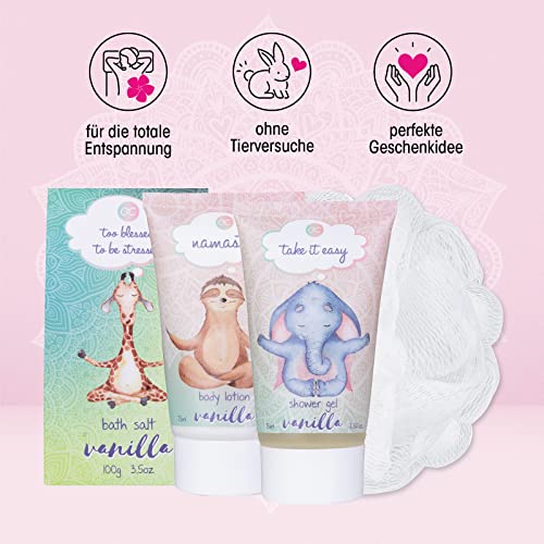 Accentra - Anti-Stress Bade- & Duschset mit Vanilleduft - Geschenk Set zur Entspannung für Frauen zum Geburtstag oder Weihnachten - 5-Teiliges Wellness Geschenk- & Pflegeset mit Mini Deko-Badewanne