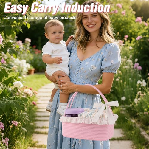 Image of OIAHOMY Gift Basket with Long Handles, Large Woven Baskets for Gifts with Gift Bag, Ribbons and Lace, Cotton Rope Storage Basket for Birthdays, Baby Showers, Picnic, Wedding DIY Presents - Pink