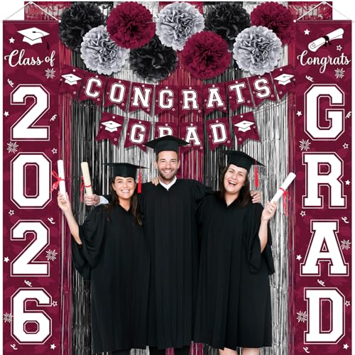 Image of Graduation Party Decorations Class of 2026, Graduation Decorations with Congrats Grad Banner Fringe Foil Curtain Paper Flower Ball Balloons for High School College Graduation Party Supplies, Maroon