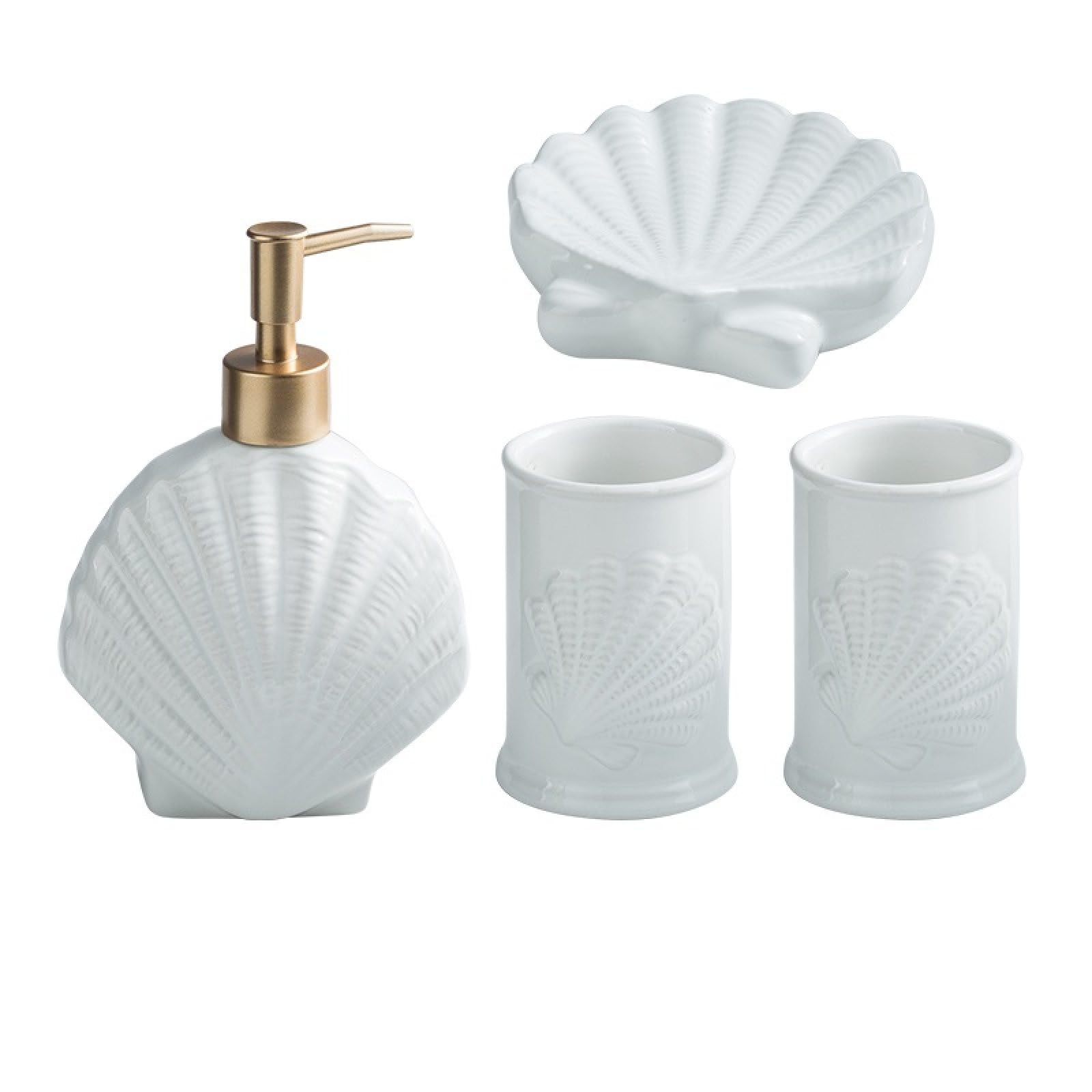 Set Da Bagno Per Bagno Con Conchiglie Di Stelle Marine Nordiche, Accessori Da Bagno In Ceramica Da 4 Pezzi Tazza Da Bagno Portasapone Dispenser Di Sapone Decorazioni Semplici Per Casa Modello, Conch