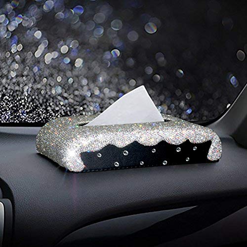 eing Luxury Tissue Box Cover with Bling Crystal Diamonds,Leather Paper Napkin Holder for Car,Home and Office - White