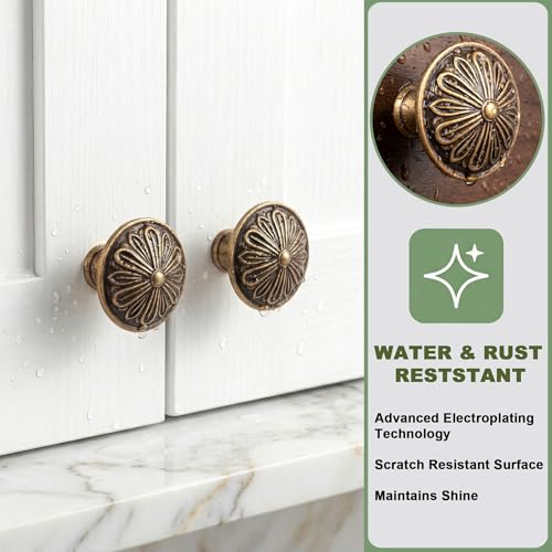 Image of DWYL & LWYD Antique Brass Cabinet Knobs 4 Pack - Solid Die-Cast Zinc Alloy 1.4 inchDia - Vintage Brass Round Cabinet Handles for Kitchen Cabinets and Drawers, Dresser Knobs Drawer Pulls Vintage