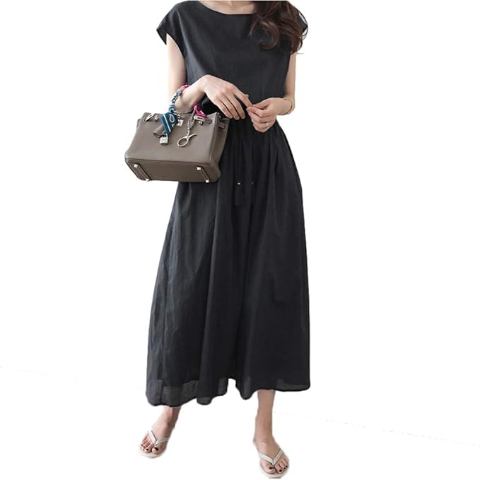 Amazon Co Jp Cocomomo ロング ワンピース 半袖 韓国ファッション おしゃれ 無地 レディース ゆったり 通勤通学 大きいサイズ 体型カバー 着痩せ 上品 ブラック L 服 ファッション小物