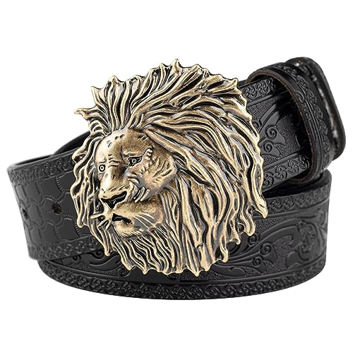 Men's Western Belt, Mens Belt, Cowboy Belts for Men, Leather Buckle Belt 3D Lion Head Vintage Embossed Engraved Belt