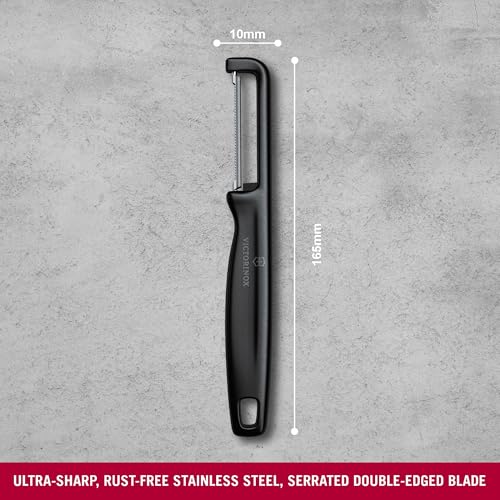 Image of Victorinox Swiss Made Stainless Steel Swiss Classic Double-Edge Iota Serrated Peeler for Professional and Household Kitchen, Black, Soft Skin Fruit & Vegetable Peeler | 6.0943.3