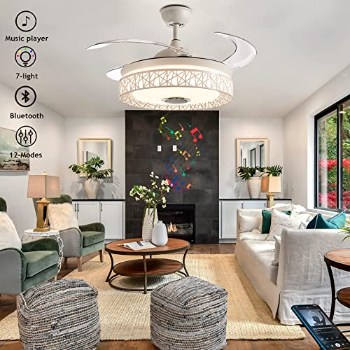 Fandian Modern 42 Inch Modern Ceiling Fan With Light And Remote, Smart Bluetooth Fandelier With Speaker, 7 Color Rgb Lights, White Nest Retractable Chandelier Lighting For Living Bedroom thumb #5