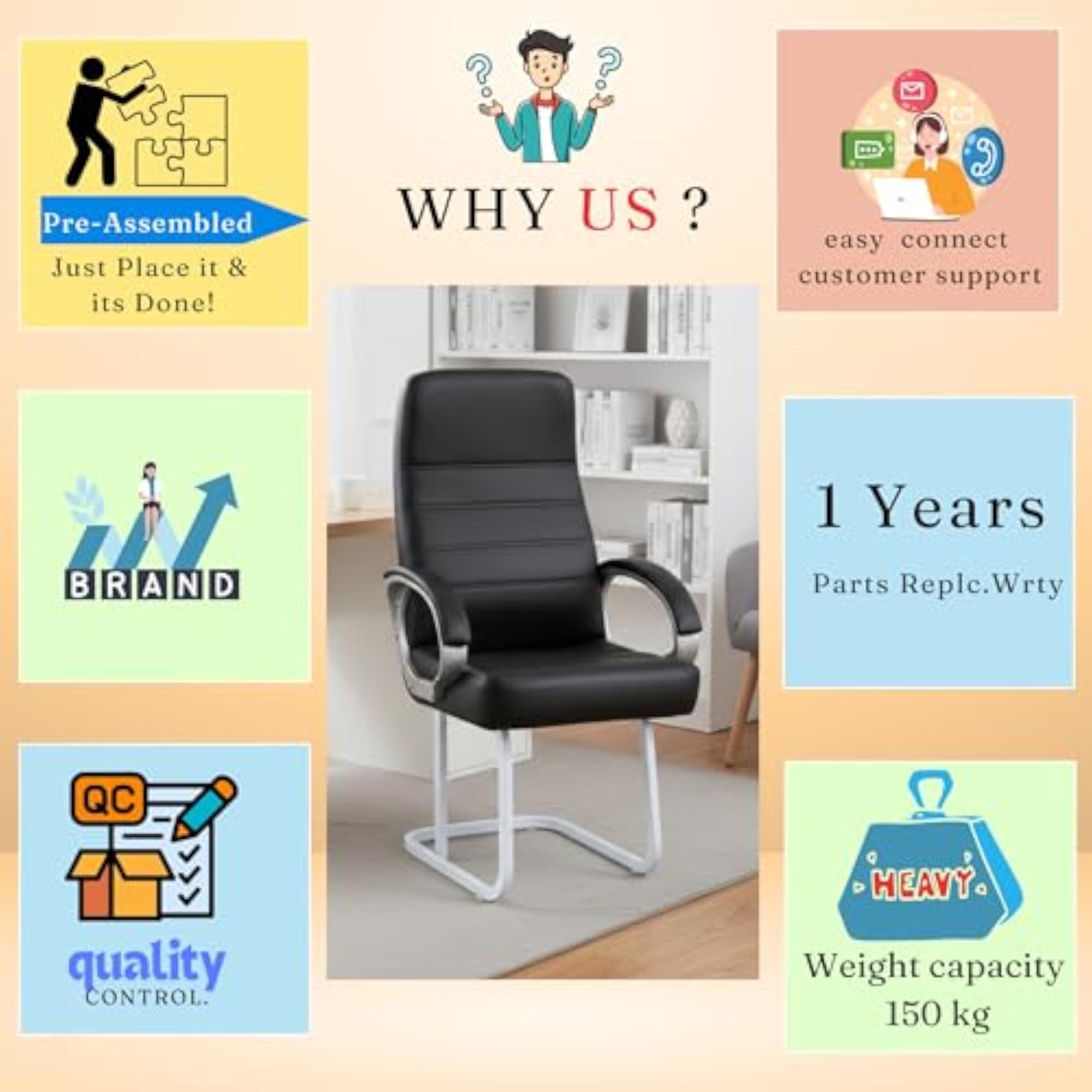 High Back Visitor Office Chair with Cushion Padded Handles