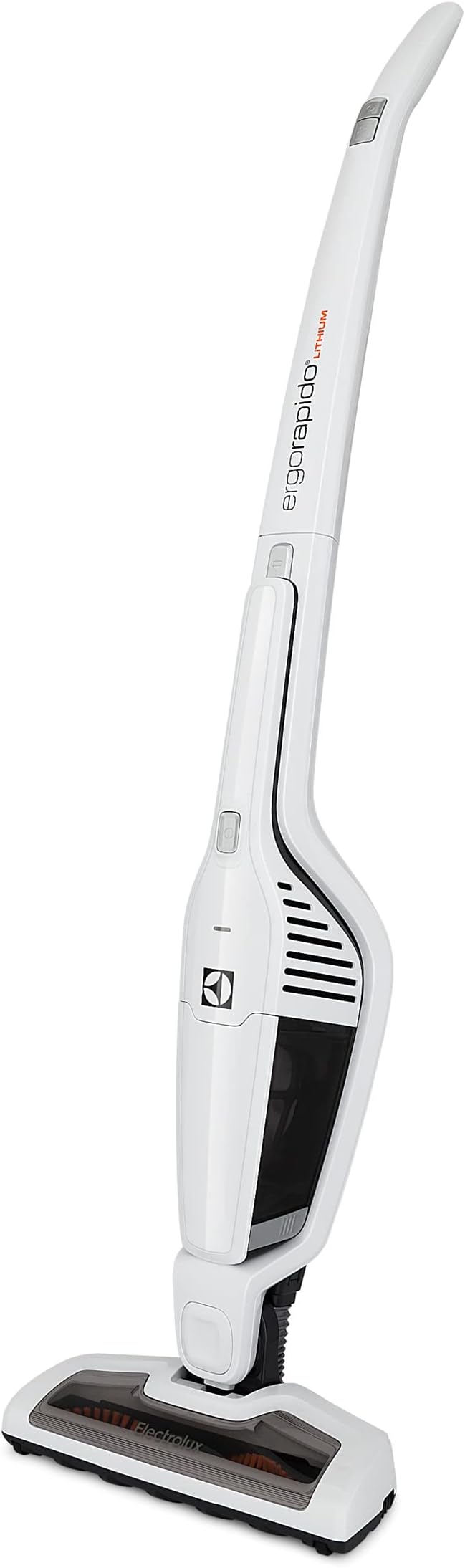 Vista lateral do aspirador Electrolux Ergorapido mostrando o design ergonômico e o corpo branco