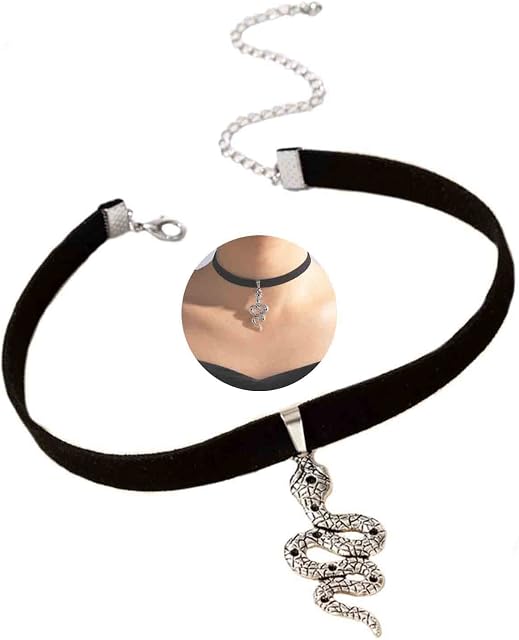 Yheakne Punk Snake Velvet Choker Silver Serpent Pendant Necklace Chain Short Black Velvet Necklace Stretch Ribbon Necklace Gothic Snake Necklace Jewelry for Women and Girls