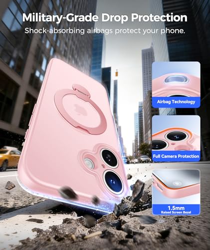 Image of FNTCASE for iPhone 16 Plus Case: [360 Spin Magnetic Stand] [Compatible with Magsafe] [Screen Protector] Translucent Matte Military Grade Shockproof Full Camera Protective Phone Cover - Pink