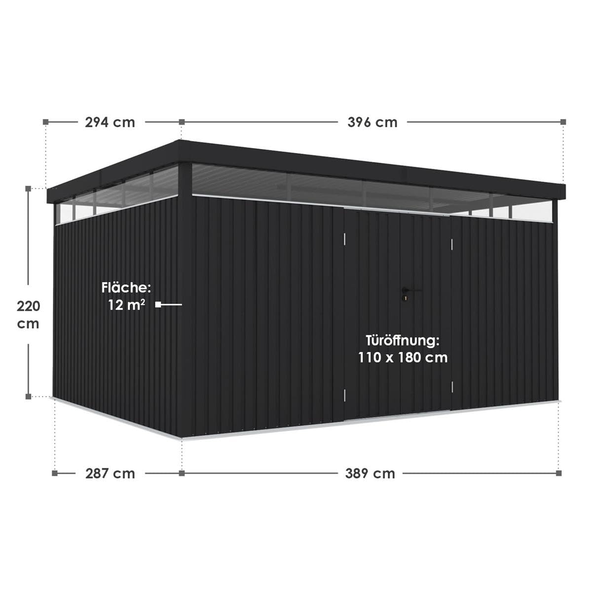 XXL Metall Gartenhaus Lyon 396x294x220 cm, 12 m² Geräteschuppen Fahrradgarage Gerätehaus anthrazit für Fahrräder Geräte Werkzeug