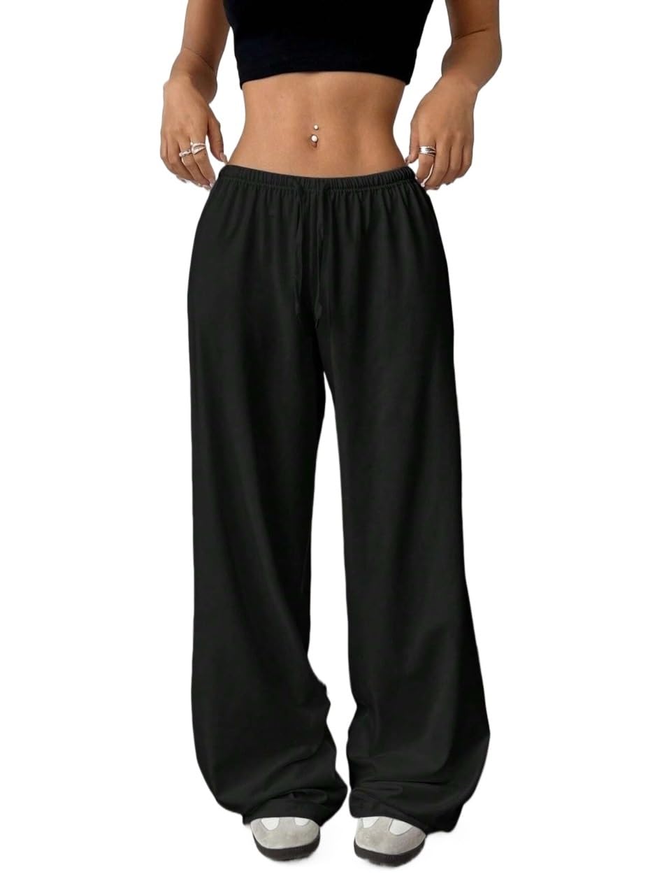 Womens Fall Casual Printed Drawstring Waist Long Pants Trousers Black
