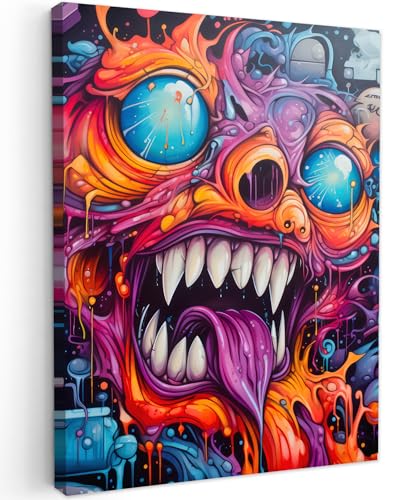 MuchoWow© Impressions sur Toile 50x70 cm Deco Tableau Murale Decoration Salon Peinture Tableaux Chambre Toiles Maison Monstre - Graffiti - Orange