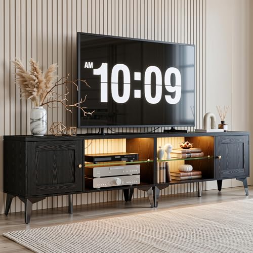 Image of LIKIMIO 2-in-1 TV Stand for 85 Inch TV, Black TV Consoles with LED Lights | 2 Storage Cabinets & Adjustable Glass Shelves, with Charging Station, TV Table for Living Room & Bedroom