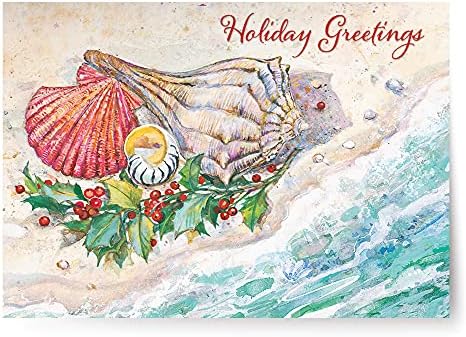 Red Farm Studios Designer Greetings Boxed Christmas Cards, Seashells and Holly on Beach (Box of 18 Nautical/Coastal Holiday Cards with White Envelopes), (125-00809-000)
