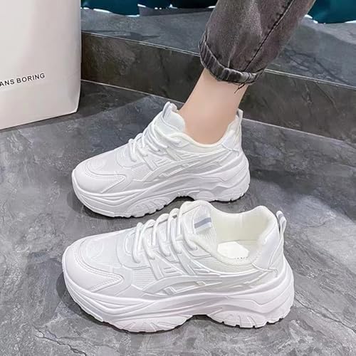 DevilAngel Women's White Platform Mesh Daddy Shoes, Solid Color Breathable Heightening Jogging Walking Sneakers3