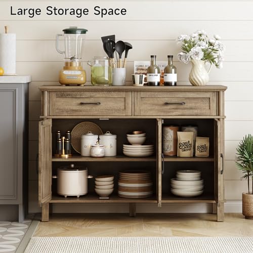 Image of ONBRILL 48 Inch Buffet Cabinet with Storage, Farmhouse Sideboard Buffet w /2 Drawers and 3 Doors, Coffee Bar Cabinet with Adjustable Shelves, Sideboard Storage for Kitchen, Living Room, Washed Grey