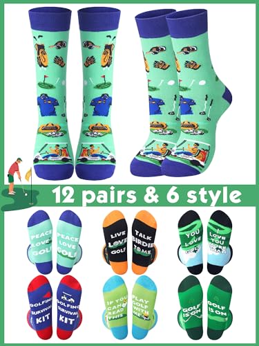 12 Pairs Golf Socks Gifts for Men Funny Golf Novelty Crew Cool Fun Funky Cotton Socks for Dad Grandpa Golfer Lovers Team2