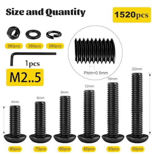 Image of 1520PCS M2.5 Hex Button Screws Assortment Kit, M2.5x4 /6 /8 /12 /16 /20 mm