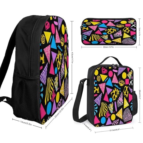 Unisex Fashion 3 Pcs Set, Large Capacity Black Retro 80s 90s Backpack, Pencil Pouch Easy to Clean, Lunch Bag for Work2