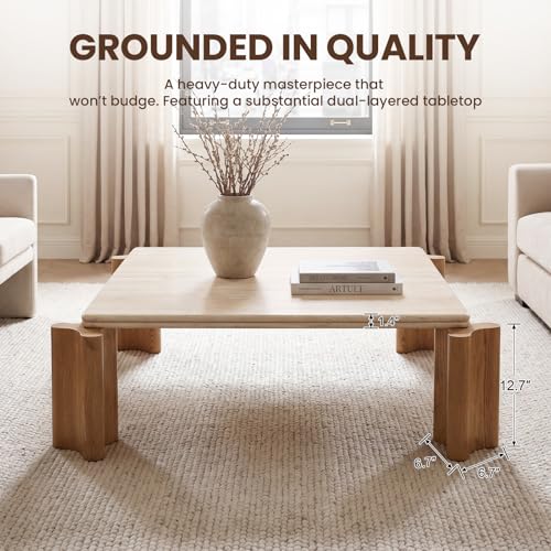 Image of Hyfirm Large Faux Travertine Coffee Table, 47 inch with Curved Wood Legs