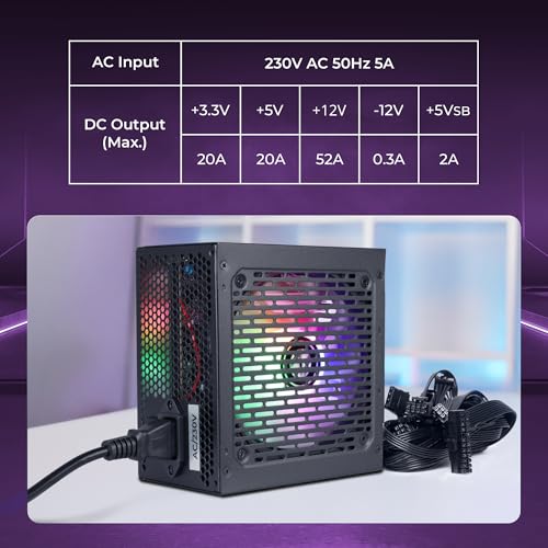 Image of Zebronics Premium Power Supply, Long Flat Cables, Silent 120mm Fan,12V 52A, 6+2 PCIe, 4+4 CPU, 4 x SATA, 2 x MOLEX, Multicolor LED Light, Built-in Protections (VS750Z)