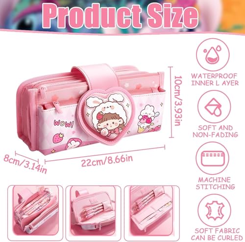 Image of Invite Canvas Kawaii Pencil Case 3 Compartment Cute Aesthetic Pencil Case for Girls Large Capacity Pen Pencil Pouch Multifunctional Stationery Organizer for School Office Kids (Heart Shape-Pink)