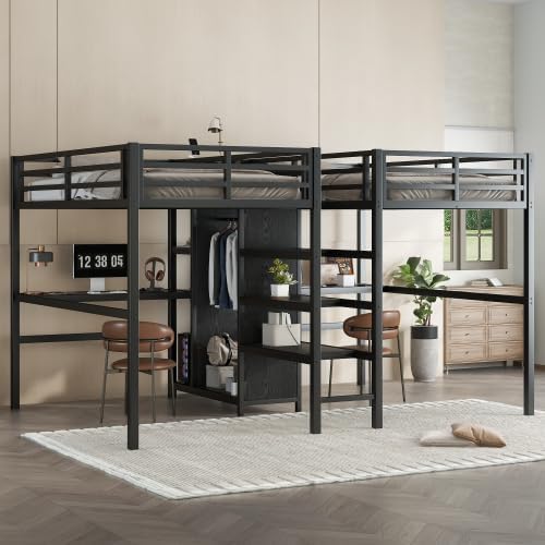 Bellemave Twin Over Twin Loft Bed with Double Desk, Wardrobe & Shelves, Metal Loft Bed Frame with 2 Electrical Outlets, Noise-Reduced Design, Black