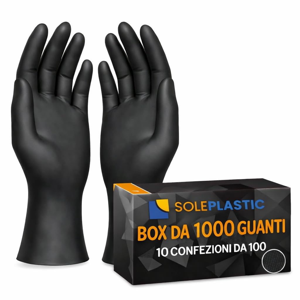 SOLEPLASTIC 1000 Guanti Nitrile Neri (TAGLIA L) - 10 Confezioni da 100 - Senza Lattice e Senza Polvere, Guanti Monouso Idonei per Alimenti, Uso Medico, Cucina, Tattoo e Non Solo