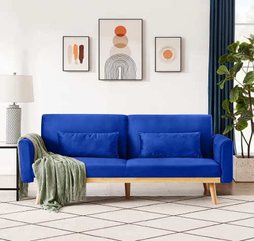 Awqm Velvet Futon Sofa Bed, Memory Foam Couch Set, Upholstered Modern Daybed Convertible Folding Loveseat Recliner With Pillows And Wooden Frame For Compact Living Room, Apartment, Dorm, Office (Blue) #TOP3