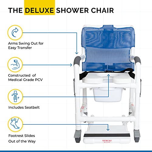 Deluxe Rolling Shower Chair With Drop Arms, Padded Seat, Non-Slip Locking Casters, Seat Belt, Slide Out Footrest And Commode Pail. 300 Lb. Capacity, Fits Over Standard Toilet. Institutional Grade-Dl-1 #TOP2