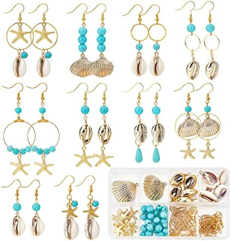 SUNNYCLUE 1 Box 10 Pairs Starfish Mermaid Turtle Crab Earring Making Kit - Ocean Beach Theme Glass & Synthetic Turquoise Beads & Brass Earring Hooks for DIY Jewelry Making Earring Accessories