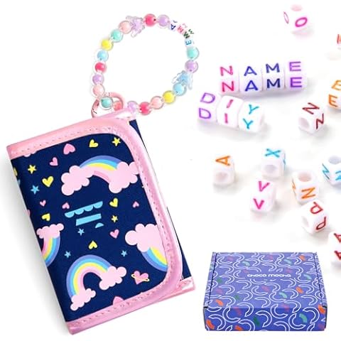 Choco Mocha Girls Wallets for Kids 4-6 6-8, Kids Wallets for Girls 5-7 Initials Wallets for Girls with Lanyard Gift Box, Little Girls Wallets Ages 5-7, Rainbow Wallet for Kids Girls, Pink Cover