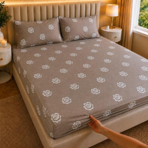 Image of Castiqa Elastic Fitted Supersoft Premium Polycotton 200TC King Size Bedsheets with 2 Pillow Covers | No Slip Bedsheet | (Brown Petals, King (72x78 Upto 10 inch Mattress))