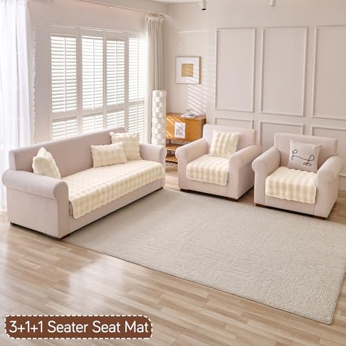 Image of HOKIPO 'FurHug' Luxury Faux Rabbit Fur Sofa Cover Mat 5 Seater (3+1+1), Beige (AR-5010-5)