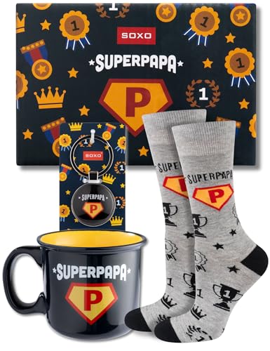 soxo Super Papa Calcetines Hombre Divertidos Algodon Regalos Originales Regalo Padre 40-45 Calcetines + Taza + llavero