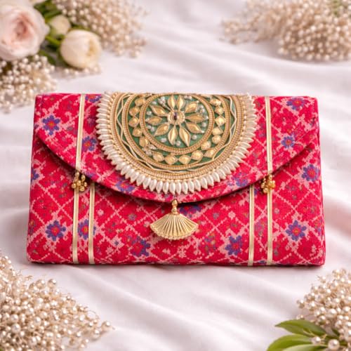 Image of JAIPUR ACE Women Ethnic Embroidered Clutch Bag with Golden Handwork & Tassel | Traditional Wedding, Party & Festive Shagun Purse| Return Gift Clutches (Pack of 3)