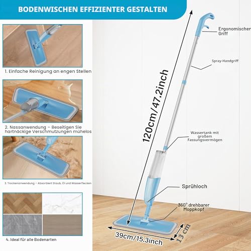 Wischer mit Sprühfunktion Sprühwischer Bodenwischer, MEXERRIS Wischmopp mit Wassertank 360 Grad...